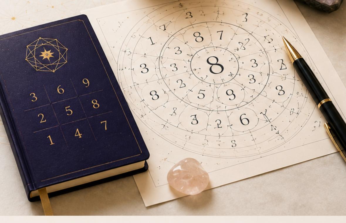 Numerology journal, birth chart, and crystal laid out on a desk